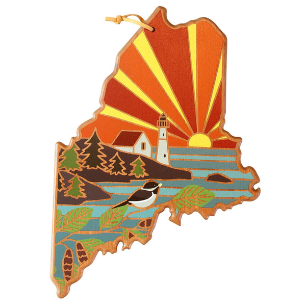 Maine State Shaped Serving and Cutting Board with Artwork
