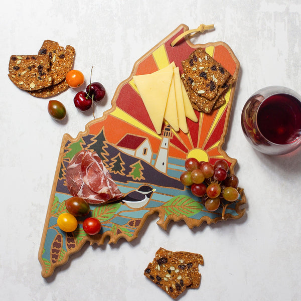 Maine State Shaped Serving and Cutting Board with Artwork