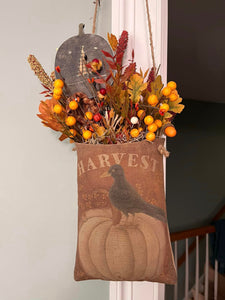 Harvest Bag Filled with Florals and a Pumpkin