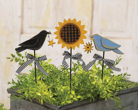 Bluebird, Crow & Sunflower Plant Pick