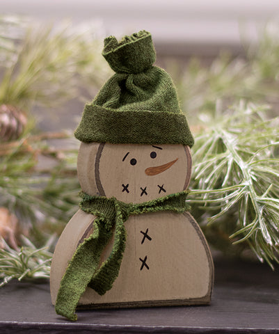 Wooden Primitive Snowman Sitter w/Green Hat and Scarf