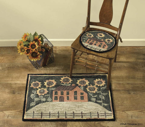 House and Sunflower Hooked Rug 2 x 3