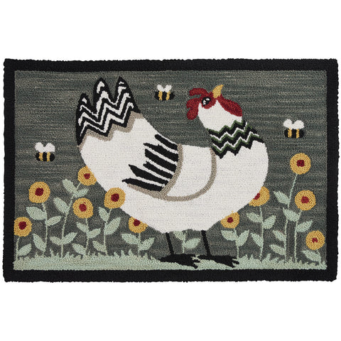 My Little White Hen Hooked Rug  2' x 3'