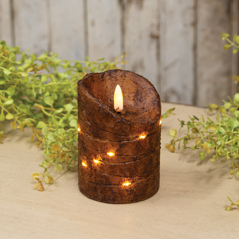 Burnt Mustard LED Wrapped Flicker Flame Timer Pillar, 4"