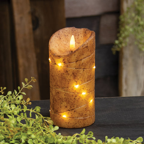 Burnt Ivory LED Wrapped Flicker Flame Timer Pillar, 6"
