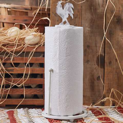 Rooster Wood Paper Towel Holder Distressed Cream