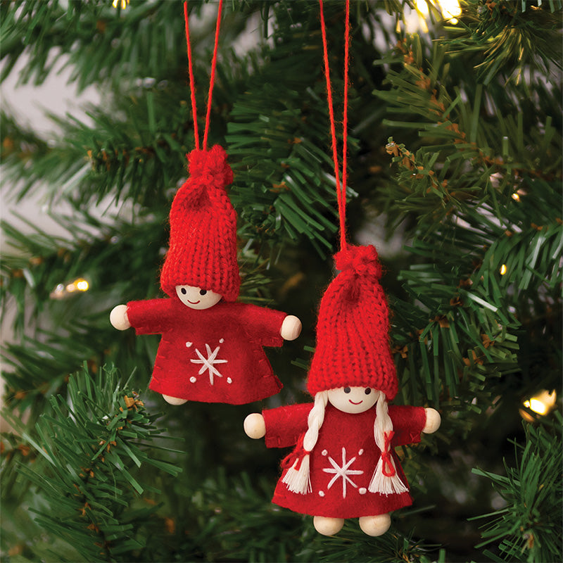Mini Snowflake Stitched Wooden Doll Ornament, 2 Asstd.