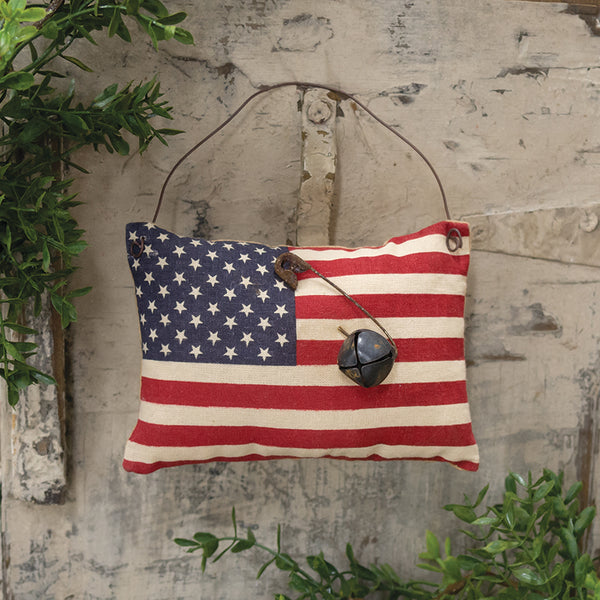 Stuffed Primitive American Flag Ornament With Rusty Bell