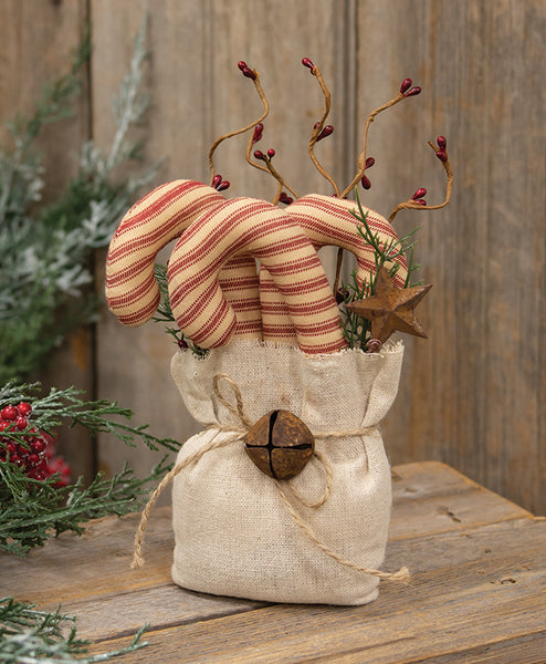 Stuffed Ticking Stripe Candy Canes & Greenery Goody Bag