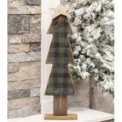 Rustic Wood Green & Black Buffalo Check Christmas Tree on Base, Large