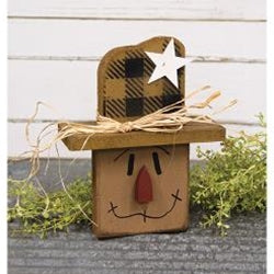 Rustic Wood Mustard & Black Buffalo Check Hat Blockhead Scarecrow