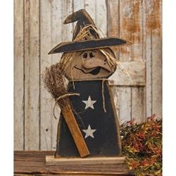 Rustic Wood Witch w/Broom on Base