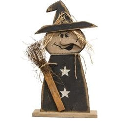 Rustic Wood Witch w/Broom on Base