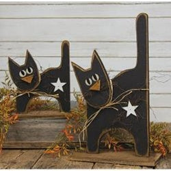 Rustic Wood Large Black Cat w/White Star on Base