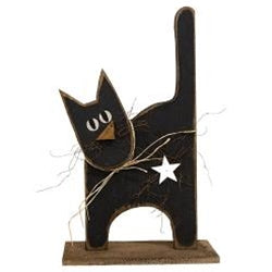 Rustic Wood Large Black Cat w/White Star on Base