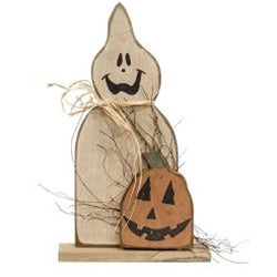 Rustic Wood Ghost w/Jack O Lantern on Base