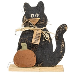 Rustic Wood "Harvest" Black Cat w/Pumpkin on Base