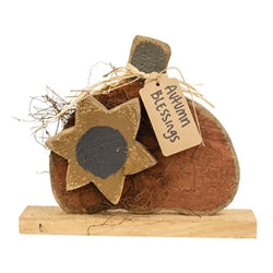 Rustic Wood Autumn Blessings Pumpkin w/Sunflower on Base