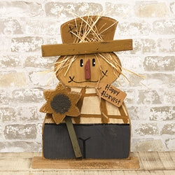 Rustic Wood Happy Harvest Flannel Shirt Scarecrow w/Sunflower on Base