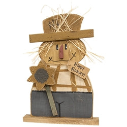 Rustic Wood Happy Harvest Flannel Shirt Scarecrow w/Sunflower on Base