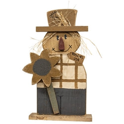 Rustic Wood Hayrides Flannel Shirt Scarecrow w/Sunflower on Base