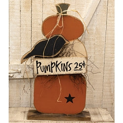 Rustic Wood Pumpkins Stack w/Crow on Base