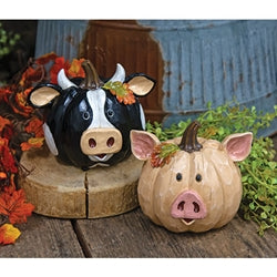 Resin Carved Look Harvest Pig or Cow, 2 Asstd.