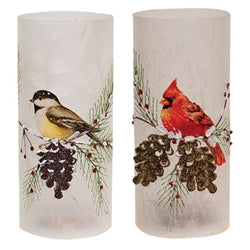 Frosted Winter Bird Glass Pillar