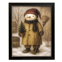 Woodland Snowman w/Broom & Potted Pine Framed Print