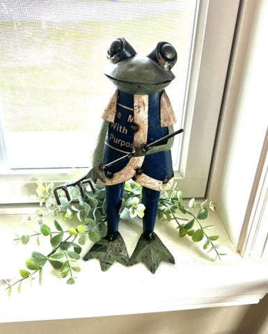 Frog with Rake - Recycled Metal