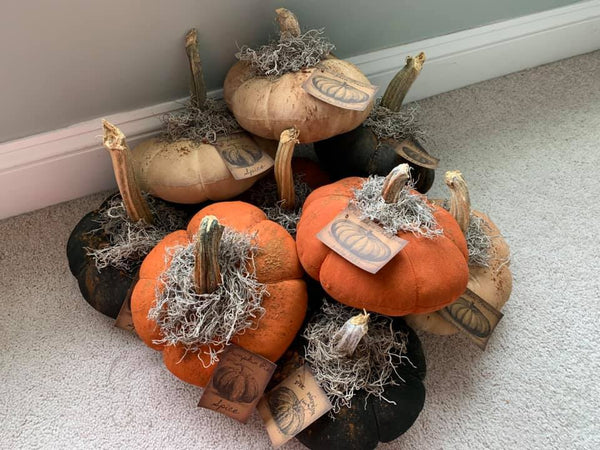 Fabric pumpkins with real stems.