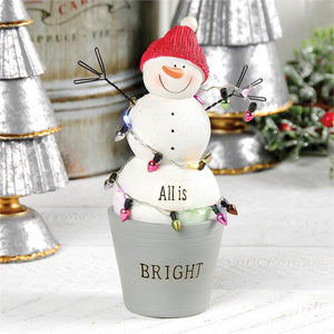 ALL IS BRIGHT SNOWMAN IN BUCKET WITH LIGHTS