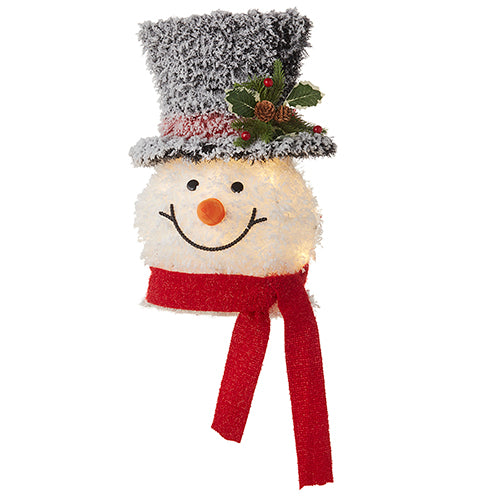 FLOCKED TINSEL LIGHTED SNOWMAN HEAD TREE TOPPER