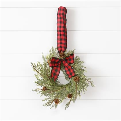 Mini Wreath Hanger - Cedar With Cones And Buffalo Plaid Bow