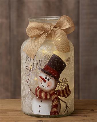 Large Glass Jar With Lights And Burlap Bow - Snowman