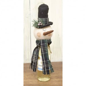 Green Plaid Snowman Wine Topper