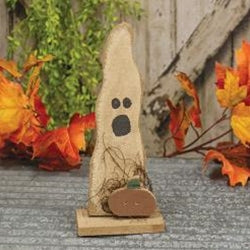 Rustic Wood Skinny Ghost w/Pumpkin On Base