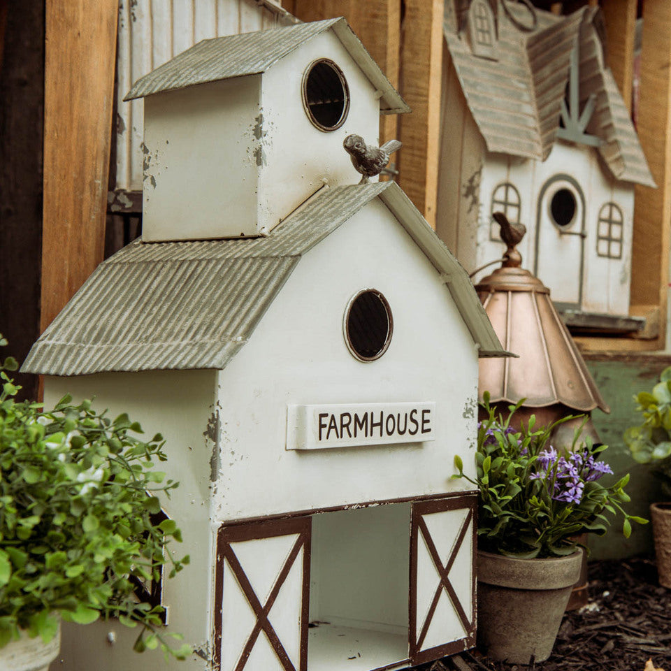 16" WHITE & GREY BARN BIRDHOUSE