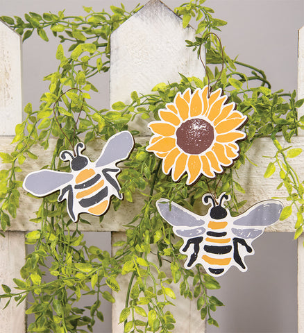 3/Set, Bees & Sunflower Wooden Ornaments